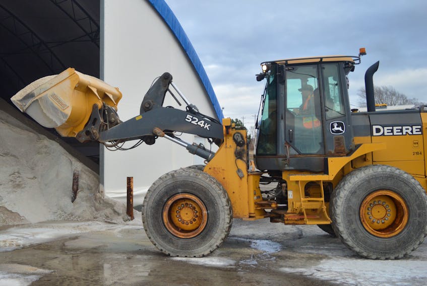 CBRM public works heavy equipment operator James Broussard uses a loader to dig into a giant pile of salt at the department’s central Sydney depot. Municipal crews report that all equipment is ready and that the CBRM is prepared for its annual battle against the snow and ice of winter. DAVID JALA/CAPE BRETON POST