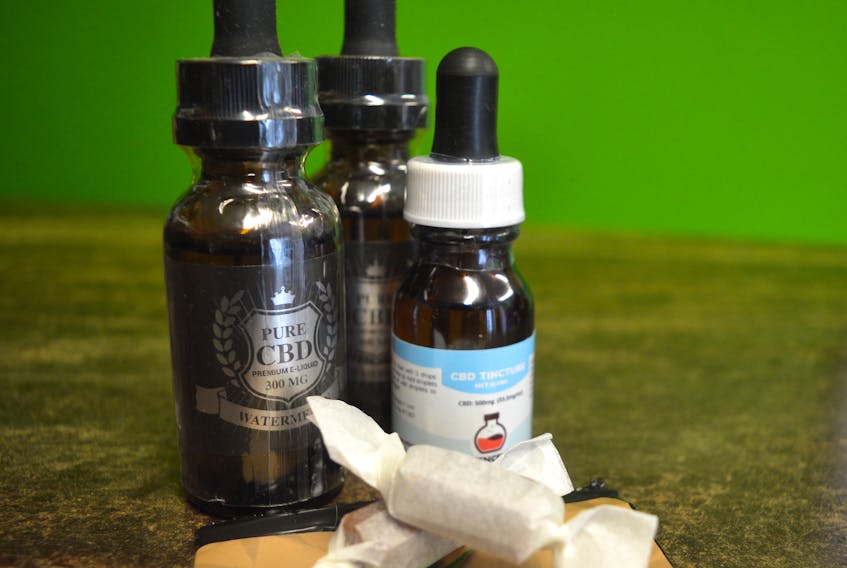 CBD oil comes in many forms but the most common way recommended to take it is orally or topically for skin conditions. In this picture are some tinctures and a couple of CBD caramels. CBD oil is legal in Canada and said to relieve chronic pain, anxiety, cancer side effects, skin conditions and fibromyalgia.