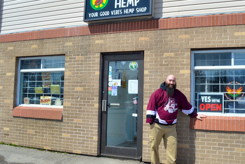 Mike Tyrrell, 35, stands outside his store, Island Hemp, in Howie Centre. There is another location of the hemp retail outlet in Port Hawkesbury that sells hemp products, cookbooks and CBD oil.