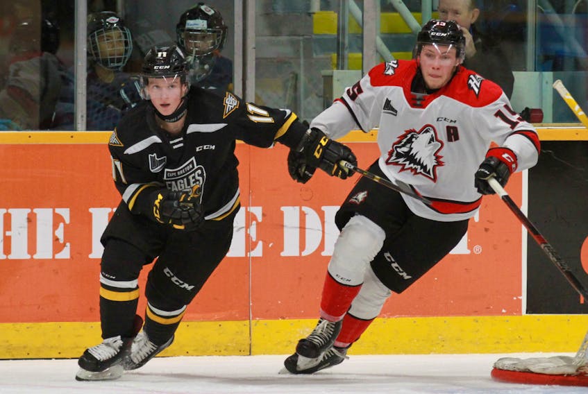 Derek Gentile of the Cape Breton Eagles, left, skates beside Vincent Marleau of the Rouyn-Noranda Huskies during Quebec Major Junior Hockey League action at Centre 200 on Sunday. Gentile and the Eagles will return to action Wednesday when they host the Charlottetown Islanders. Game time is 7 p.m. at Centre 200 in Sydney.