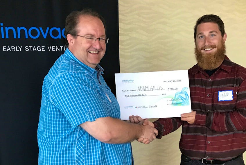 Adam Gillis, right, took home top prize at the Idea Mentoring session at the Membertou Trade and Convention Centre on July 23. He’s shown receiving his $500 prize from Bob Pelley, regional manager for Innovacorp. The next mentoring sessions will be Nov. 21 in St. Peter's.