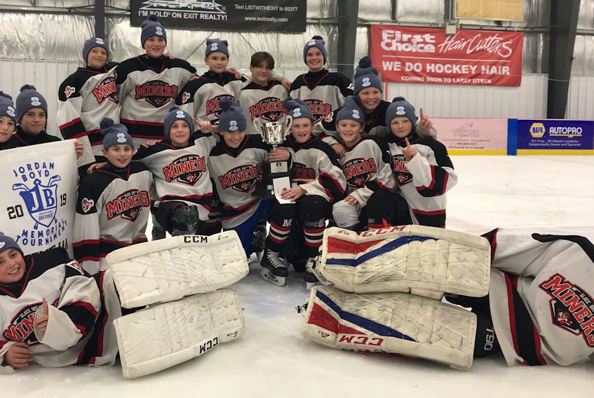 The Glace Bay Miners peewee ‘AAA’ hockey team recently captured the annual Jordan Boyd Memorial Tournament in Bedford. Glace Bay finished the 16-team tournament with a 6-0-1 record and defeated Halifax 5-2 in the final. Front row, from left, are Andrew Shimon and William Stonehouse. Middle row, from left, are Braylon Fitzgerald, Kyle Nearing, Brody Dawson, Carter Ford, Rory Pilling, Luke Sinclair, Cohen MacNeil, Kale MacDonald and Mathew Mollon. Back row, from left, are Kyle MacDonald, Gavin Sudds, Brady Matheson, Jesse Cathcart and Brody O’Handley. Missing from the photo are coaches Glenn Ford, Robbie Sinclair, Tyrone Matheson and Steve Campbell.