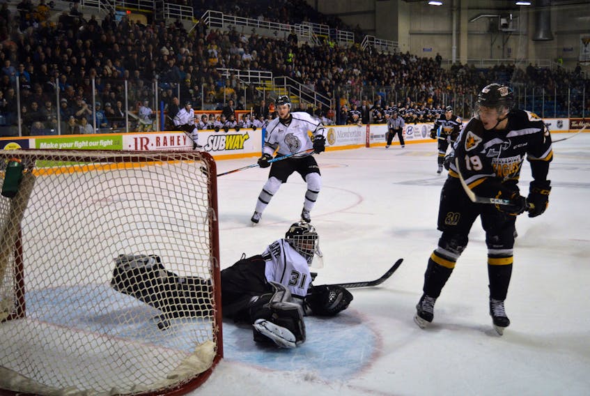 Drake Batherson, right, of the Cape Breton Screaming Eagles scores a goal beating Gatineau Olympiques goaltender Mathieu Bellemare in this file photo from last year’s Quebec Major Junior Hockey League playoffs. The QMJHL trade period opens on Monday, and despite rumours, Marc-André Dumont, Screaming Eagles head coach and general manager, said the team would like to keep Batherson with the organization. Jeremy Fraser/Cape Breton Post