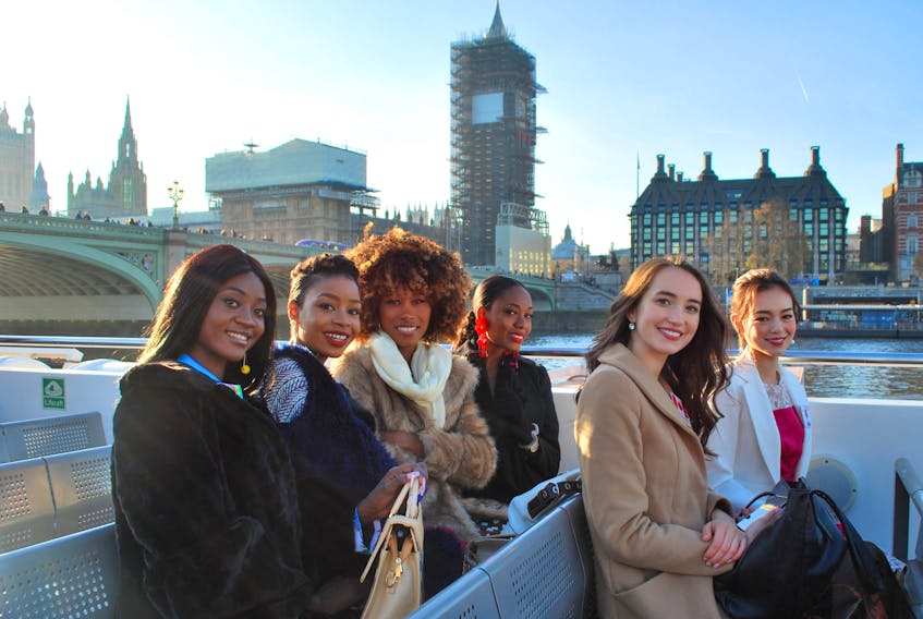 Miss Canada Naomi Colford, second from right, and fellow Miss World contestants take a photo during a boat ride in London, England, during the early stages of the competition which consisted of more than three weeks of challenges. Colford said she was inspired by her fellow contestants who she said are already instigating positive change in their home countries. Also pictured are, from left, Miss Angola Brezana Da Costa, Miss Botswana Phirinyane Gofaone, Miss Antigua and Barbuda Taqiyyah Francis, Miss Barbados Che'Amor Greenidge and Miss Japan Malika Sera.