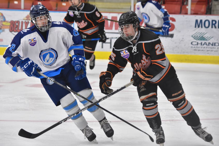 Leading scorers Sam Gillis of the Cape Breton Unionized Tradesmen, left, and Stephen Fox of the Cape Breton West Islanders will meet in the Nova Scotia Eastlink Major Midget Hockey League playoffs starting this weekend in Port Hood.