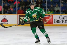 Former Cape Breton Eagle Declan Smith is shown wearing the team's Irish jersey during the club’s game against the Saint John Sea Dogs at Centre 200 on March 17, 2018.
