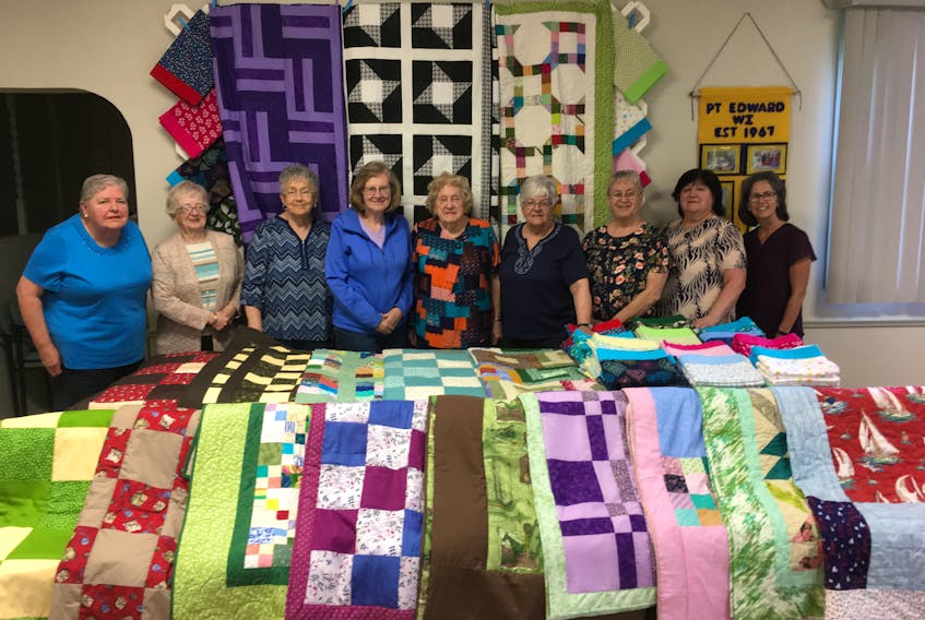 Members of the Point Edward Women’s Institute celebrated the completion of their most recent project. Over the past six months, they made 100 brightly coloured flannelette pillowcases to be used by those in palliative care as well as 16 quilts to be used in palliative care and extended care at both the Northside General Hospital and the Cape Breton Regional Hospital. This project was made possible through the financial support of a wellness initiatives grant sponsored by the Northside the Lakes Community Health Board. From left, Ruth Grant, Barb Herald, Mary Williams, Diane Hynes, Edna MacVicar, Donna Rudderham, Ruth Arsenault, Carol Lee Carrigan and Phyllis Martin. Also part of the group is Cindy Rudderham.
