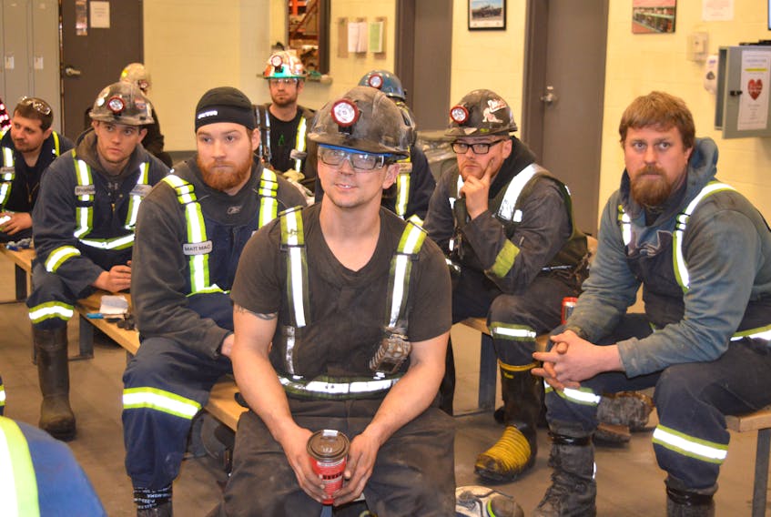 Donkin Mine coal miners listen during a safety talk before heading underground to work, in this file photo of the Cape Breton Post. The Nova Scotia Department of Labour had issued a stop work order at the mine following another rock fall July 8. The order was lifted Monday night.