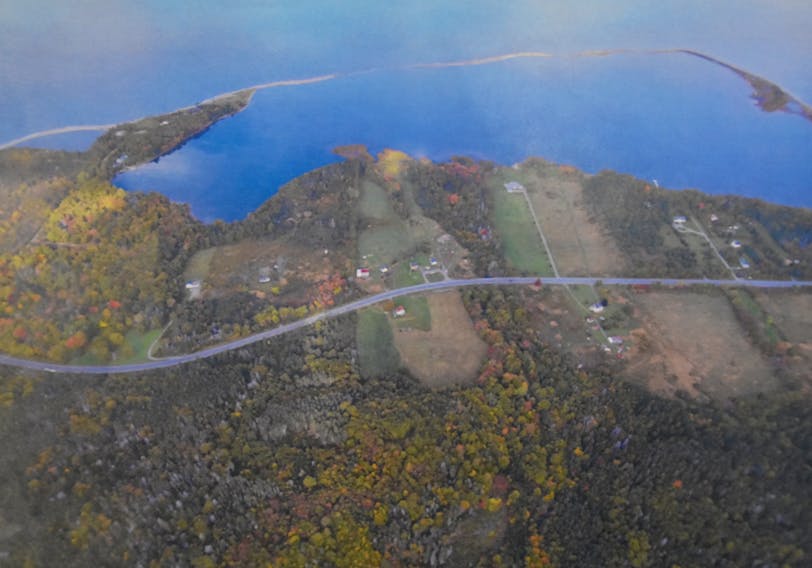 This aerial view of Big Pond Centre shows the “barachois” or coastal lagoon that defines the area.
