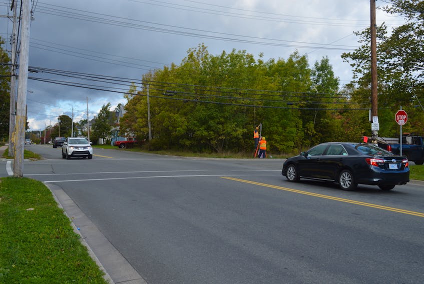 Vehicles are seen as they stopped at the new four-way intersection at Blowers and Pierce streets in North Sydney. As of Monday, the intersection is a four-way stop. JEREMY FRASER/CAPE BRETON POST