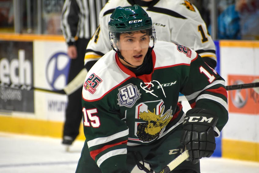 Halifax Mooseheads forward Sonny Kabatay of Membertou watches the play during a Quebec Major Junior Hockey League preseason game against the Cape Breton Eagles at Centre 200 in August. Kabatay and the Mooseheads will be in Cape Breton on Friday to play the Eagles. Game time is 7 p.m. at Centre 200.