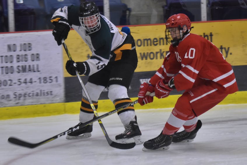 Matthew Williams of the Memorial Marauders, left, dishes a pass while being checked by Jared Hunt of the Riverview Redmen. T.J. Colello/Cape Breton Post