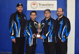 Team Roach proudly displays the trophy it received for winning the 2018 Nova Scotia Travelers Club Curling championship at the Sydney Curling Club last March. The Sydney rink will represent the province at the Travelers Curling Club Championship next week in Miramichi, N.B. From left, skip Kurt Roach, third Mark MacNamara, second Travis Stone, and lead Robin Nathanson.