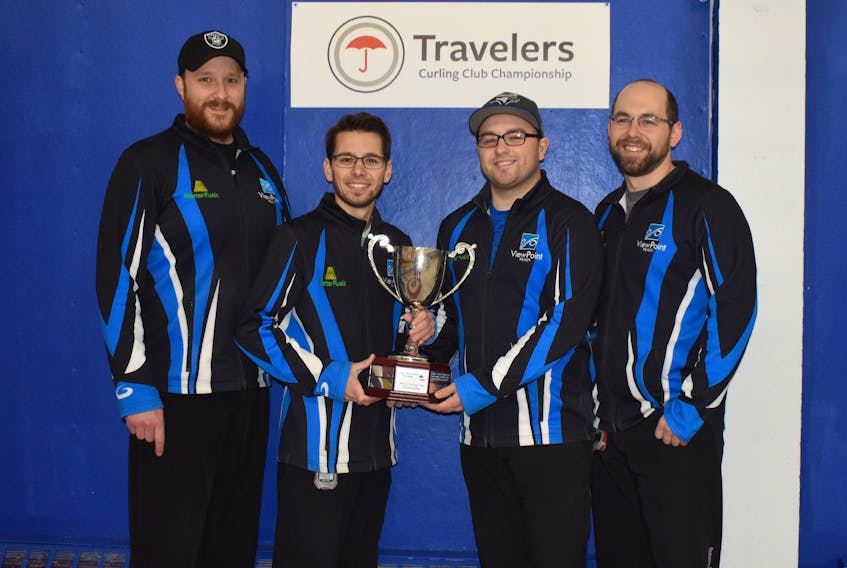 Team Roach proudly displays the trophy it received for winning the 2018 Nova Scotia Travelers Club Curling championship at the Sydney Curling Club last March. The Sydney rink will represent the province at the Travelers Curling Club Championship next week in Miramichi, N.B. From left, skip Kurt Roach, third Mark MacNamara, second Travis Stone, and lead Robin Nathanson.