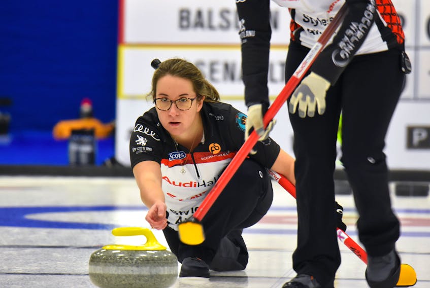Christina Black of Sydney River shoots a stone during the Tour Challenge Tier II competition at the Pictou County Wellness Centre in New Glasgow in early November. Black and Team Mary-Anne Arsenault will take part in the provincial championship this week, with the winning team representing the province at the Scotties Tournament of Hearts in Moose Jaw, Sask. CONTRIBUTED/MARY HANKEY