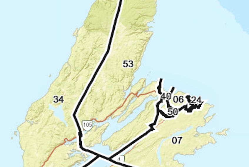Map showing the electoral boundaries of Cape Breton Island in 2019. The individual constituencies are denoted by number: Inverness (34); Richmond (46); Cape Breton East (07); Victoria-The Lakes (53); Northside-Westmount (40); Sydney-Membertou (50); Cape Breton Centre-Whitney Pier (06); and Glace Bay-Dominion (24).