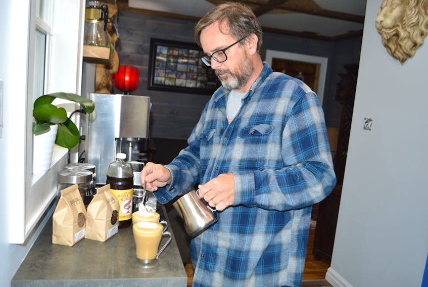 Steve Smith, owner of Bungalow Beans Coffee food truck, makes maple-chinos at this home in Coxheath. Smith will have his food truck at the Big Intervale Campground for the Cabot Trail Food Truck Rally, Oct. 26 and Oct. 27, not only offering his own fresh-roasted coffee and espresso drinks, but also his maple-chinos using Black River Maple Products maple syrup.