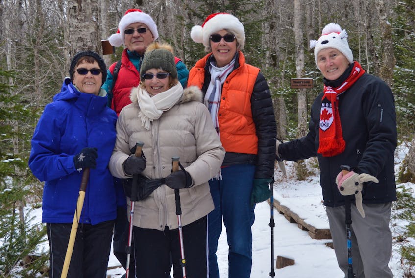 Martine Camus, from left, John Cruickshank, Denise Zivolak, Shirlee Cruickshank and Marg Kingsbury head up the Coxheath Hills Wilderness Trail on Sunday. They are members of the Cape Breton Island Hoppers walking group and were heading to the cabin for the yearly Christmas festivities.