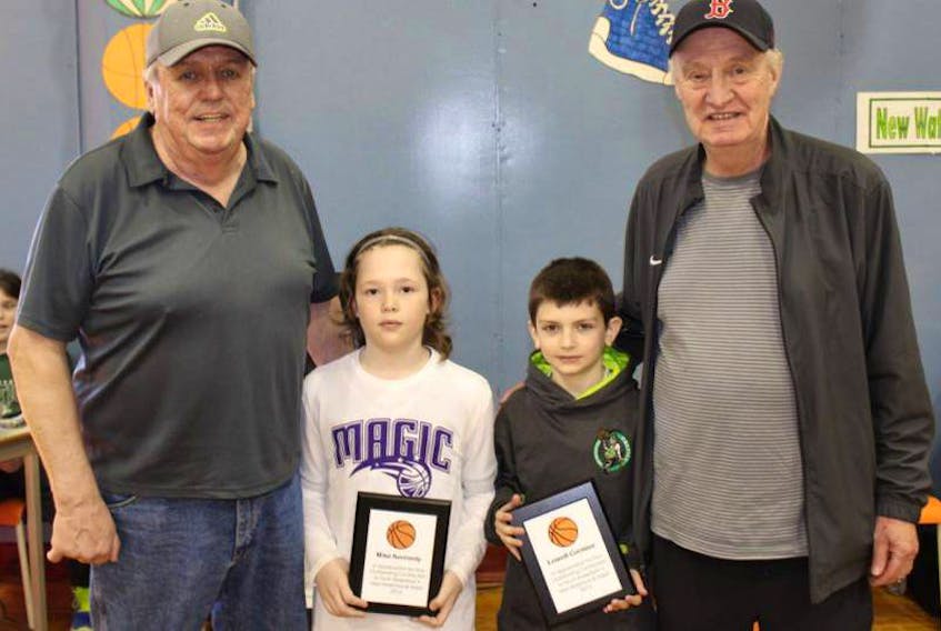 Mike Kennedy, left, and Lowell Cormier, right, were honoured in recognition of their outstanding contribution to youth basketball in the New Waterford and surrounding area in this file photo. Kennedy and Cormier were given the award during the 2016 Mini Coal Bowl at St. Agnes gym. Also in the photo are Ty Gittens and Colby Steiger. Kennedy died of cancer last year and will be honoured with a golf tournament at Lingan Golf Club Aug. 3.