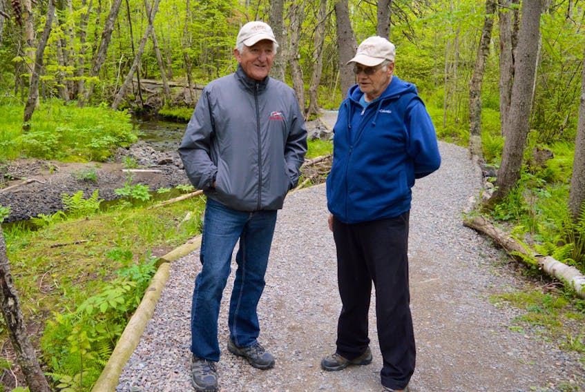 David Gabriel and Joe Dennis discuss possible flood mitigation measures and their potential effects on the Baille Ard Nature Trails in Sydney’s south end. The men are members of the Baille Ard Recreation Association, the group that developed the trail system and has maintained it since its establishment in the early 1990s.