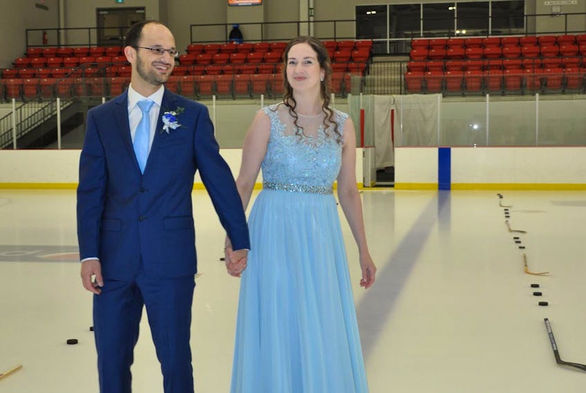 Kris and Krystal During "skate down the aisle" during their wedding on July 6 at the Membertou Sport and Wellness Centre. The couple, who were both involved in sports growing up, marked the first wedding held at the Membertou facility. CONTRIBUTED/PAM LANDRY