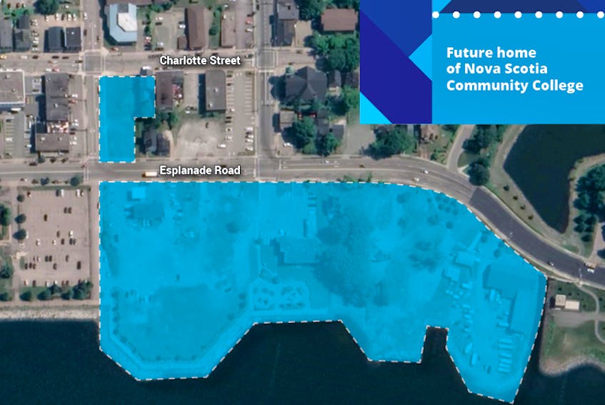 A downtown Sydney map provided by the Nova Scotia government highlights in blue the lands that will be used to create the new Nova Scotia Community College - Marconi campus. CONTRIBUTED.