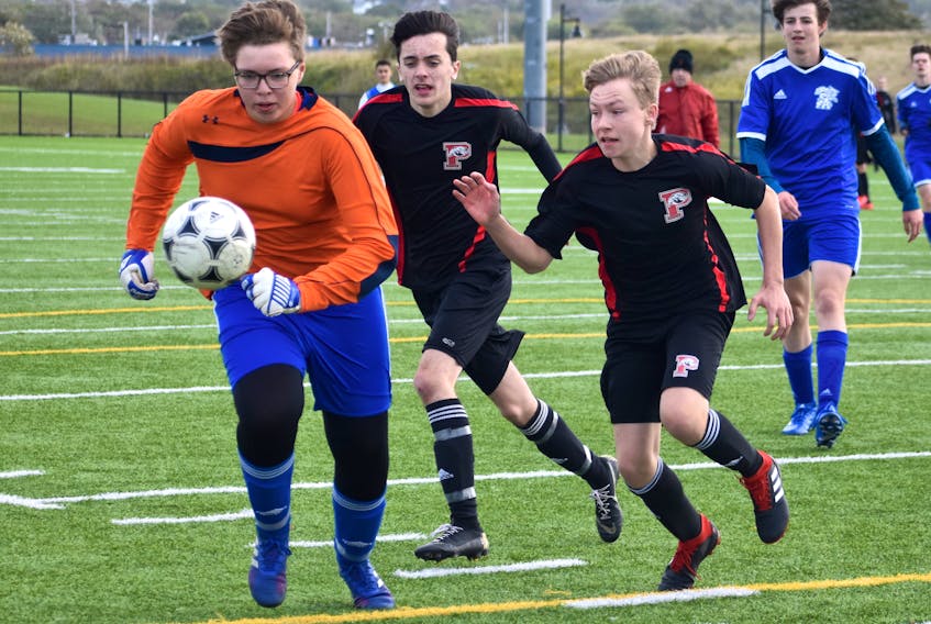 Keeper Liam Collings of the Sydney Academy Wildcats, left, chases down the ball as Chris Sampson, right, of the Glace Bay Panthers pressures during Cape Breton High School Soccer League action at Open Hearth Park in Sydney, Wednesday. Glace Bay won the game 2-0.