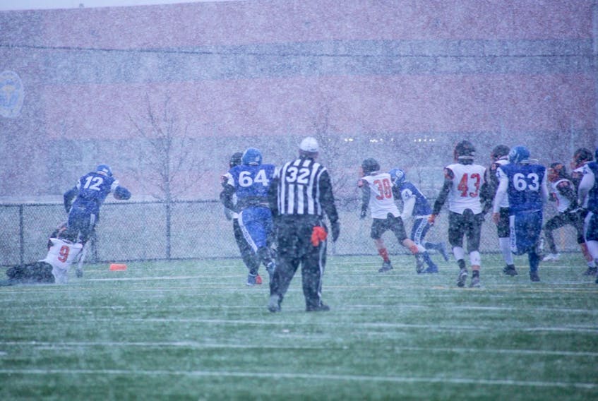 The falling snow only added to the ambience on Saturday when the Sydney Academy Wildcats defeated the Sackville Kingfishers 21-0 in the NSSAF football tier 2 semifinal at Open Hearth Park in Sydney. The Wildcats host the Horton Griffins for the division championship next weekend in Sydney at a yet to be determined time.
