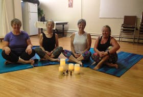 Depending on the day, anywhere from five to 15 or more participants can register for “Our Yoga” class in North Sydney. Pictured here during a recent summer session are, from left, Goritti Caldwell, Marguerite Webber, instructor Maureen Murphy and Brenda McNeil.