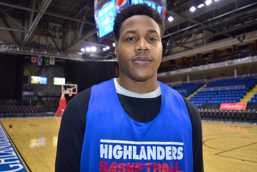 Shane Osayande poses for a photo at Centre 200 on Monday. The 6-6 rookie forward is playing a key role in the paint for the Cape Breton Highlanders this season. The Highlanders host the Moncton Magic tonight and Wednesday for back-to-back games.