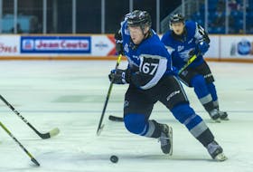 Newly acquired Dawson Stairs carries the puck in the offense zone during Quebec Major Junior Hockey League action earlier this season. The 18-year-old was traded to the Cape Breton Eagles on Monday evening. SAINT JOHN SEA DOGS.