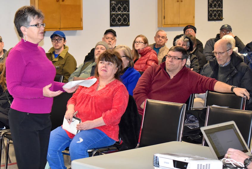Paula MacInnis of the Friends of the Pond group speaks with members of the community during an information session about a proposed RV park in Big Pond. Cape Breton Regional Municipality council will hold a hearing today on the development.