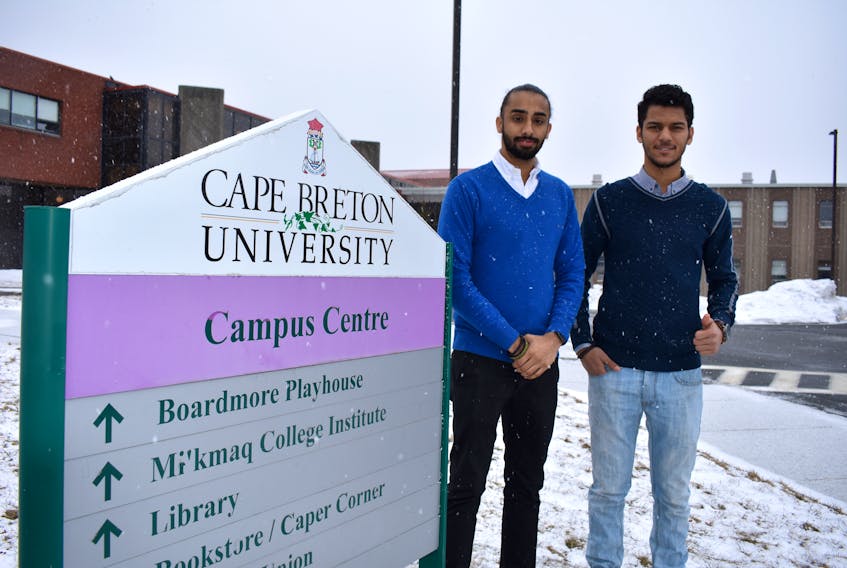 Gunny Brar, left, and Nagy Abdou stand outside of CBU days after being elected the new president and vice-president of the students union. It is the first time that international students have held both spots.