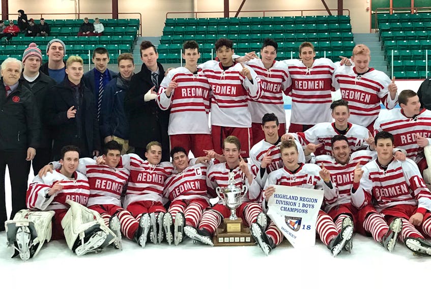 The Riverview Redmen claimed the Highland Region championship and will compete at the Nova Scotia School Athletic Federation Division 1 boys hockey championship this weekend in Bedford. Front row, from left, are Owen MacPhee, Brad Barrie, Brady MacLean, Josh MacKay, Jake MacDonald, Dustin Sudds, Logan Beaton and Brad Price. Middle row, from left, are Brandon Grant, Dylan MacDonald and Michael MacMullen. Back row, from left, are athletic therapist Lisa MacDonald, head coach Jim Smith, assistant coaches Jordan Moss and Dan Keough, Coady MacKillop, Avery Decoste, Rory Morrison, Bryden Johnson, Jared Hunt, Jacob Denny, Andrew MacCarron, Trevor Jennings, Blake Cox, and assistant coach Mike Florian. Missing from photo: assistant coach Brendan Smith.