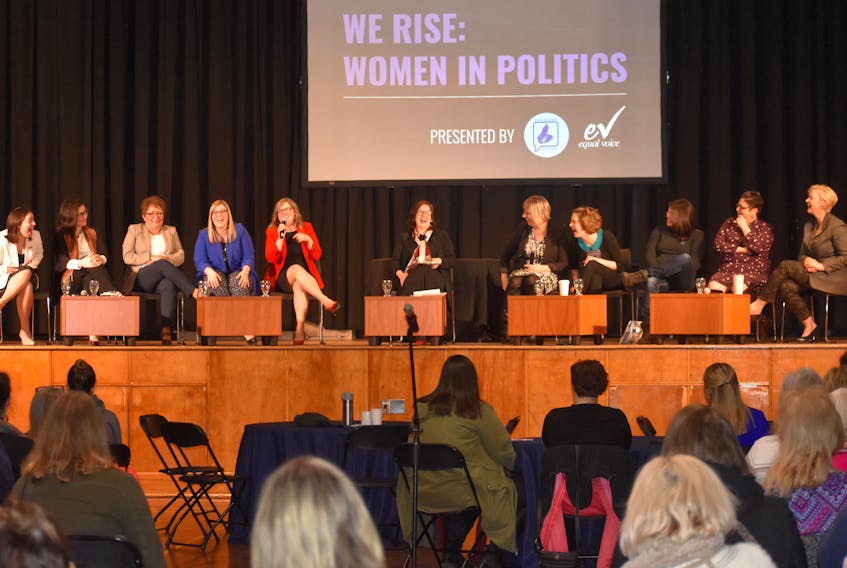 Kendra Coombes, from left, Alana Paon, Tammy Martin, Karla MacFarlane, Brenda Chisholm-Beaton, moderator Pam Lovelace, Katherine MacDonald Snow, Amanda McDougall, Gail Christmas, Nadine Bernard and Elizabeth Smith-McCrossin attend the panel discussion "We Rise: Women in Politics" on Thursday at the New Dawn Centre for Social Innovation in Sydney.