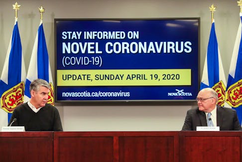 Nova Scotia Premier Stephen McNeil, left, and the province's chief medical officer of health, Dr. Robert Strang, announced an emergency plan to deal with a large-scale outbreak of COVID-19 at a Halifax nursing home on Saturday. The Northwood long-term care facility reported five deaths over the weekend that were related to coronavirus. PROVINCE OF NOVA SCOTIA PHOTO