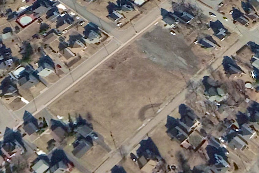 In this Google Earth photo, the cleared parcel of land on York Street in Glace Bay is where Central School used to be located. The Cape Breton Regional Municipality has issued a tender for the sale of it. CONTRIBUTED/GOOGLE EARTH