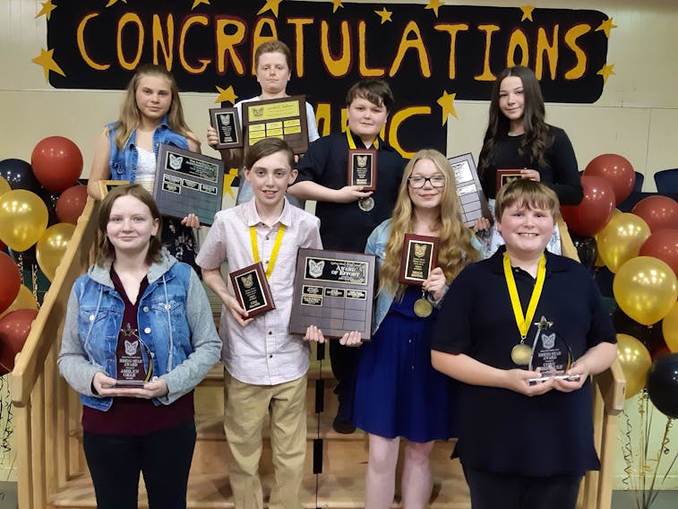 Sydney Mines Middle School's awards night was held on June 12. Pictured receiving major awards, left to right, front row, is Ashlyn Gear (Rising Star Award), Cole MacNeil (Award of Effort), Gracie Keeping (Award of Effort), Coby Theriault (Rising Star Award), back row, Maggie Gibbons (Nichole Meaney Award), Stevie Clarke (Miner's Award), Bradley Keeping and Maria King equally merited (Carmen Young Courtesy Award). CONTRIBUTED