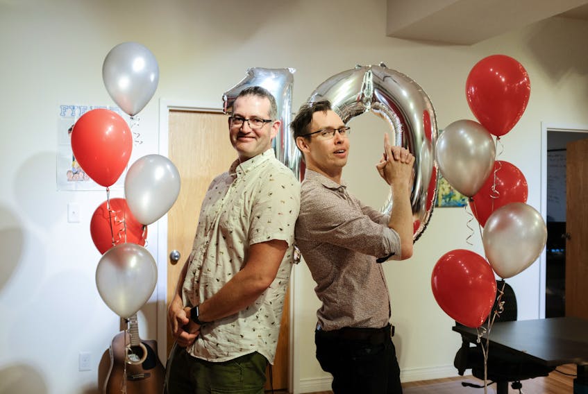 Marcato Digital Solutions co-founders Darren Gallop, left, and Morgan Currie pose for a photo during a reception marking the company’s 10th anniversary at its Prince Street office last month. Earlier this week it was announced Marcato had been purchased by another live event technology firm, Patron Technology, based in Pittburgh, Pa. While Gallop will leave the company to concentrate on other projects, Currie is staying with the Marcato team.