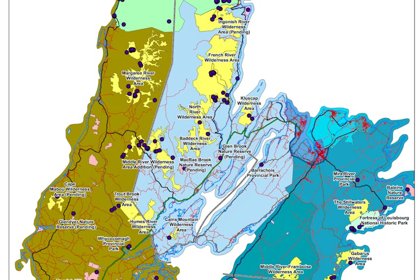 This map supplied by the Mining Association of Nova Scotia shows protected areas across Cape Breton. The association wants the province to ease regulations so it can explore 154 known mineral occurrences that are on protected land.