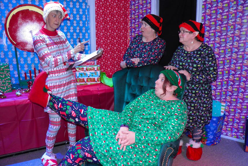 Christmas is in jeopardy. Can these elves save the most important day of the year? To find out, get your tickets for the Mira Players production of "Bumbles' Big Christmas Adventure" hitting the Marion Bridge Recreation Centre stage Nov. 29-30. Dinner theatre tickets are $25 per person and available at Mullins Rite Stop or by phoning Joan at 902-577-1753. Bumbles the elf, played by Jule Ann Hardy, sitting, seems unphased by the lecture she is getting from Tingles (Tracey Hilliard). Looking on are elves Jingles and Bingles (played by Joan Wilson and Jacke Kehoe).