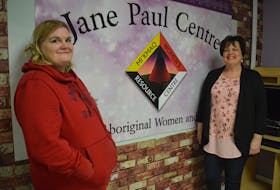 Krissy Poulette and social worker Beth Miller stand next to the sign for the Jane Paul Centre in Sydney. It’s the only drop-in centre in Cape Breton for First Nation women in vulnerable situations, providing services to help them better their lives.
