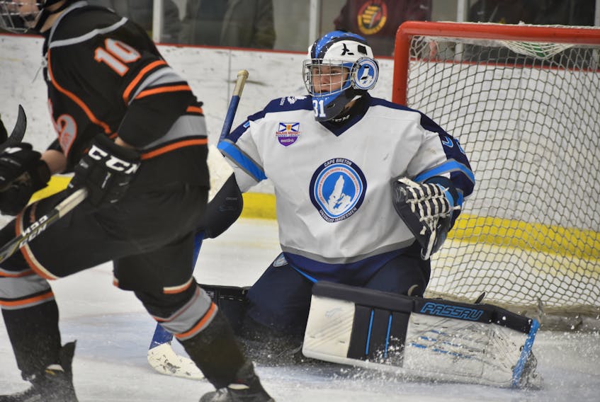 Seth Crowe made 35 saves to backstop the Cape Breton Unionized Tradesmen to a 4-2 win over the Cape Breton West Islanders in Nova Scotia Eastlink Major Midget Hockey League playoff action Tuesday at the Membertou Sport and Wellness Centre.