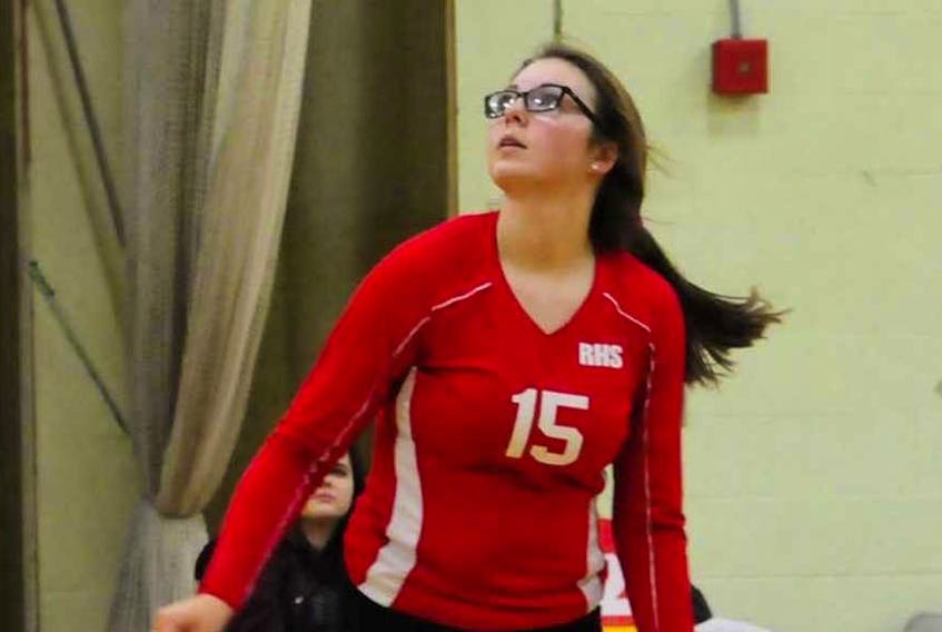 Emily Phillipo of Sydney shown during recent Cape Breton High School Volleyball League action at Riverview Rural High School in Coxheath, is one of three Cape Breton players selected to play for Team Nova Scotia in under-15 and under-17 volleyball tournaments next week.