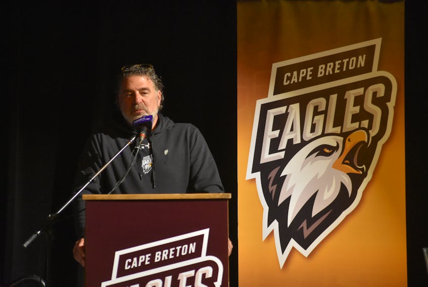 Cape Breton Eagles majority Irwin Simon speaks to the crowd during a team press conference at Centre 200 last Wednesday. Simon says right now he has no intentions to be part of the Cape Breton Highlanders organization, but it’s something he would consider.