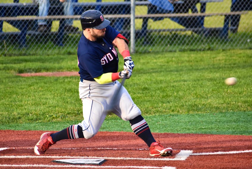 Jordan Shepherd of the Sydney Sooners connects with the ball during a Nova Scotia Senior Baseball League game earlier this season at the Susan McEachern Memorial Ball Park in Sydney. Shepherd and the Sooners will look to close out their best-of-five series with the Halifax Pelham Canadians on Saturday.