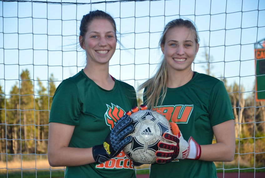 Keepers for the Cape Breton University women’s soccer team, Lysianne Trottier, left, and Rachel Yerxa are pictured. The team is set to play the Dalhousie University Tigers Saturday night at 7 p.m. and then go up against the Mount Allison Mounties at 1 p.m. on Sunday. CHRISTIAN ROACH/CAPE BRETON POST