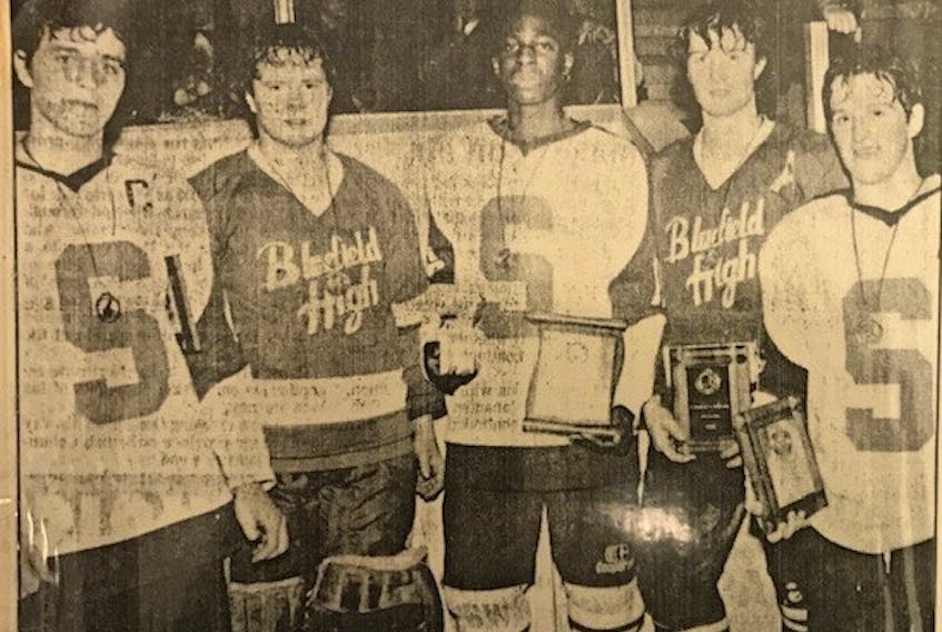 This clipping from the Cape Breton Post shows the players who were selected as all-stars at the 1986 Cape Breton Metros High School Hockey Tournament. From left are Academy defenceman Ronnie Bobbett, Bluefield High goalie Wade Crozier, Sydney's Kenny Douglas, who also copped tournament MVP honours, Bluefield's Trevor Sanderson and the Academy's Paul Gentile.