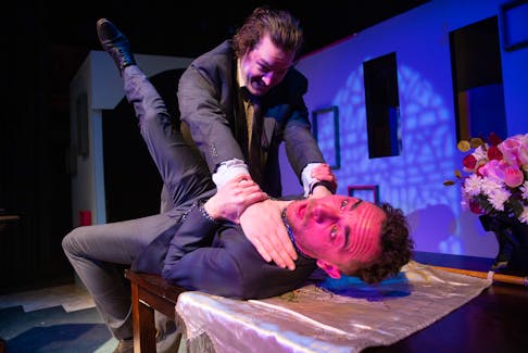 Alex Poirier (the strangler) and Andrew Guthro (being strangled) star in “Best Brothers” whose simmering sibling rivalry reaches a boiling point after the death of their mother. The play by Daniel MacIvor and directed by Mark Delaney concludes its run at the Highland Arts Theatre today and Sunday at 8 p.m. both nights.