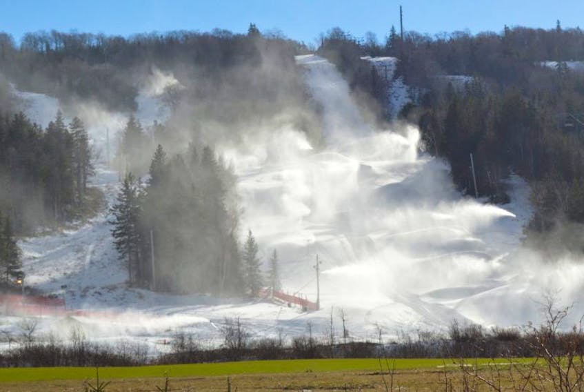 The slopes of Ski Ben Eoin are receiving a constant dump of snow thanks to some 36 snowmaking machines strategically placed over the mountain. A generous base of natural snow combined with recent cold temperatures has allowed the Cape Breton ski hill to have enough of the white stuff to open its runs to the public today.